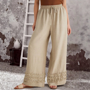 fashion cross-border large size beige cotton and linen loose pants drawstring elastic waist pants multi-layered fungus edge casual long