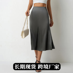 Real shot of cross-border women's clothing best selling satin skirt for women, summer mid-length slit professional a-line skirt, high waist skirt
