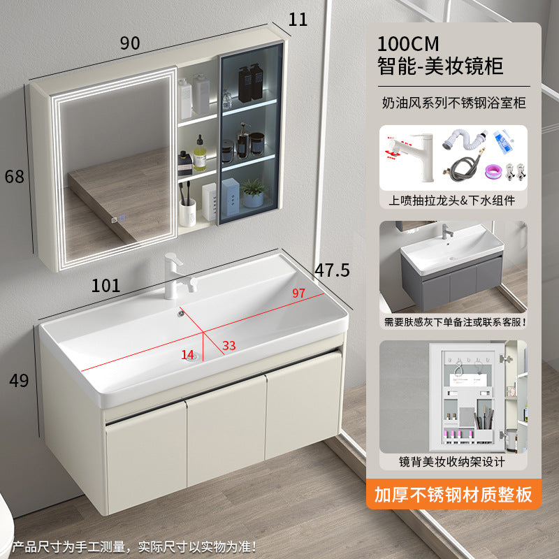 Stainless steel moisture-proof bathroom cabinet, smart mirror cabinet, washstand, ceramic integrated washbasin, deepen seamless washstand