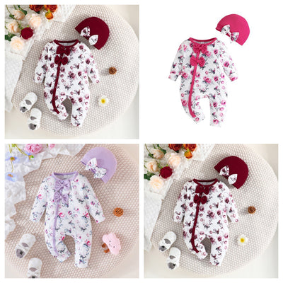 spring/autumn new arrival: bowknot long-sleeve floral print romper + hat two-piece set - ready stock wholesale