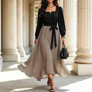 Fashionwork clothing style plus size women's skirt upper body pure colorpatchworkprinting skirt waist tie backelegant long skirt