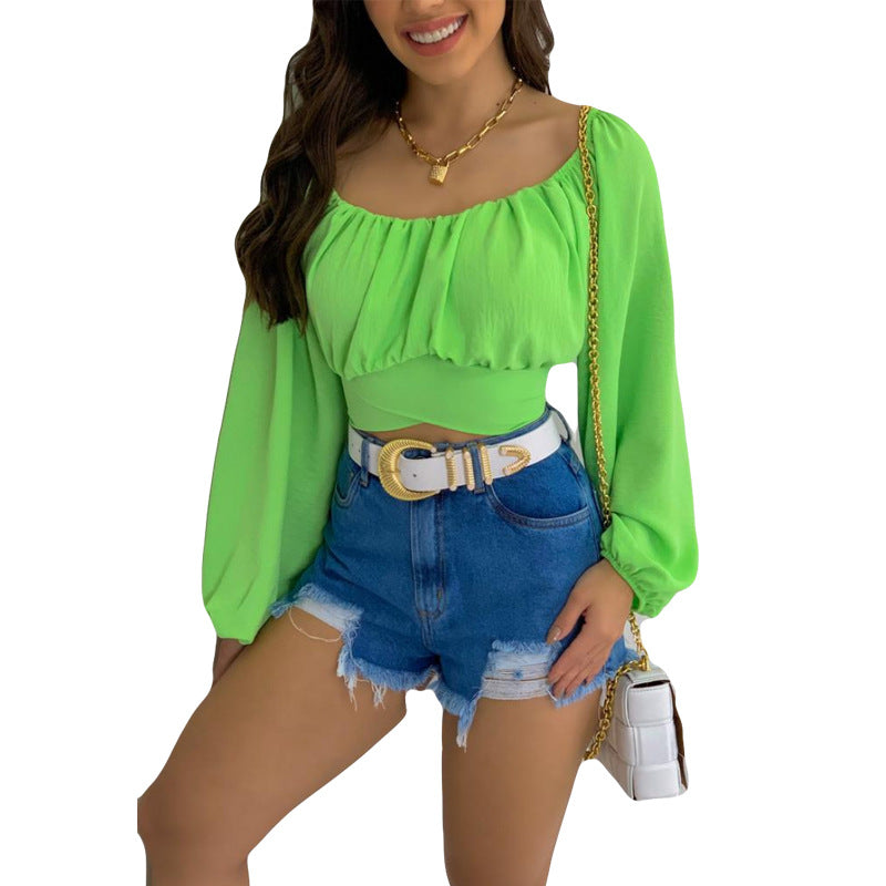 Spot European and American  tops women's solid color open-button lantern sleeves one-word collar sexy lace-up women's bubble sleeve shirt