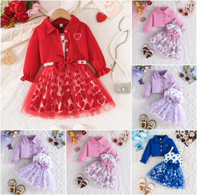 exclusive supply - european and american two-piece set of baby girl long-sleeved jacket + animal pattern printed bow mesh skirt