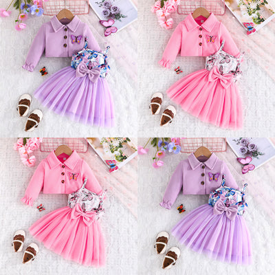 baby girl two-piece set: butterfly embroidered long-sleeve cardigan and purple butterfly suspender mesh dress outfit