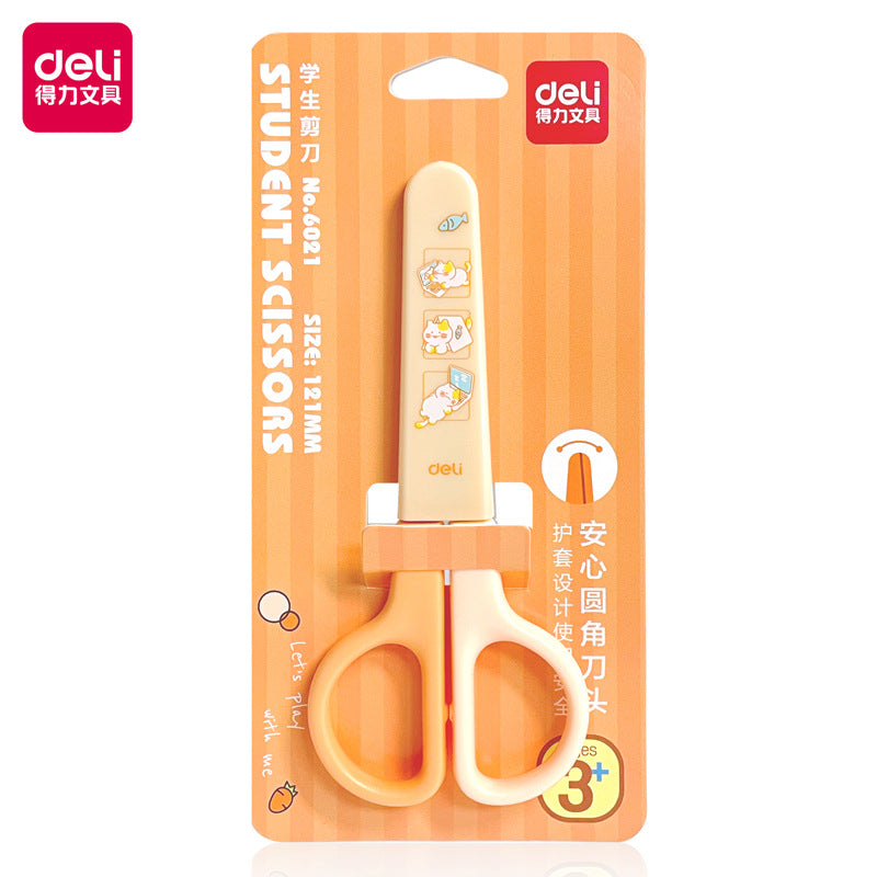 Deli 6021 student handmade scissors cute cartoon child protective cover scissors mini student small scissors wholesale