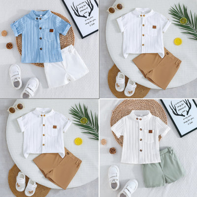 exclusive supplyβbaby boys' spring and summer wear white vertical stripes short-sleeved shirt + khaki shorts two-piece set