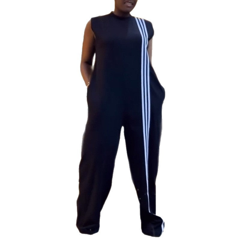 European and American  women's clothing 2025 summer new fashion casual semi-turtleneck short-sleeved loose wide-leg trousers jumpsuit