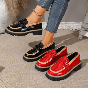 Plus size women's british style loafers - spring/autumn new collection - shiny chunky heel bow detail casual shoes