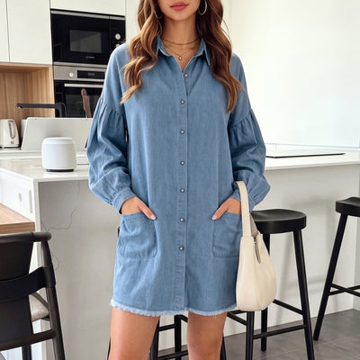 Fashion cross-border foreign trade new arrival lapel lantern long sleeves single-breasted loose mid-length denim dress