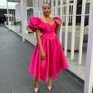 European and american export women's clothing summer new fashion square neck puff sleeve solid color cinched waist midi dress