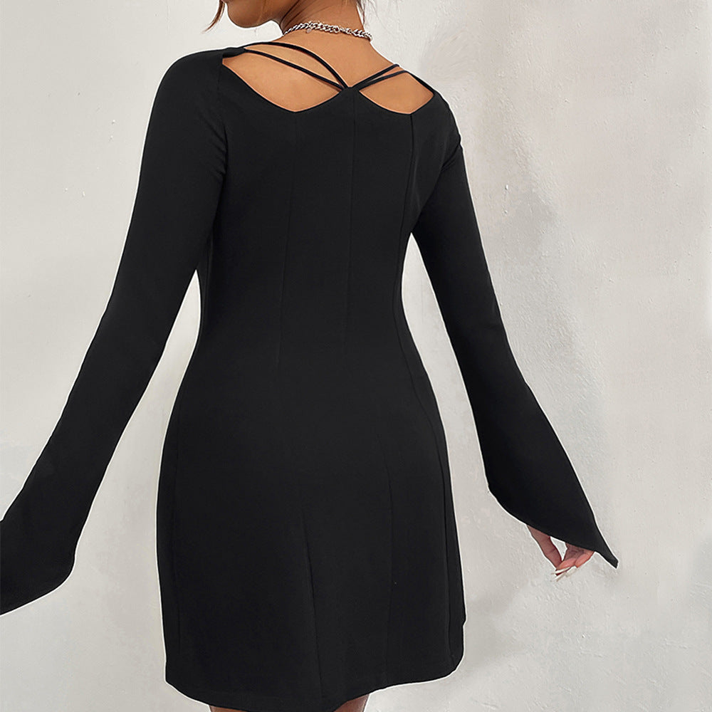 European and American  women's clothing sexy style V-neck long-sleeved dress autumn new hollow pullover solid color one-step short skirt