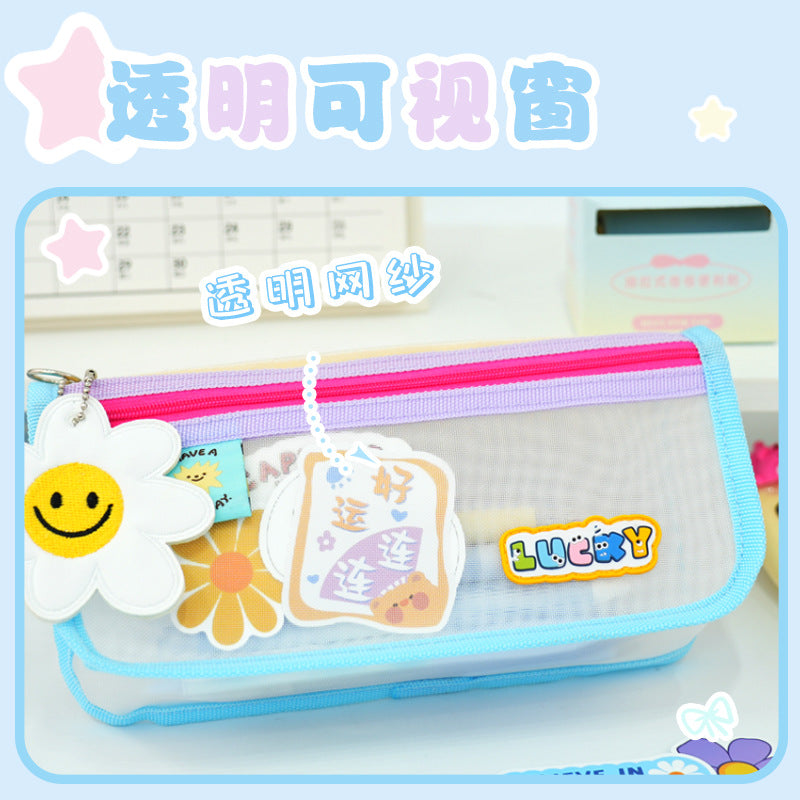 New cute fun contrasting color transparent stationery bag large capacity pencil bag high value simple primary and secondary school student stationery mesh bag