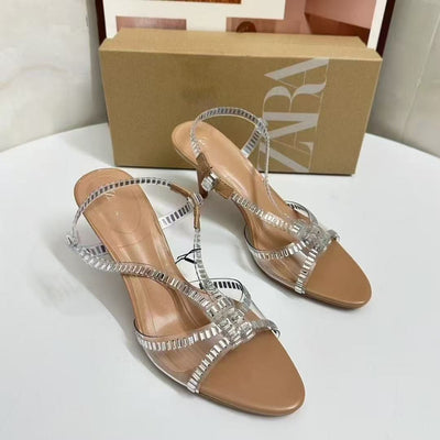 Silver open-toe rhinestone clear wine glass heel roman sandals - women's sexy fairy wind crystal high heels - niche design