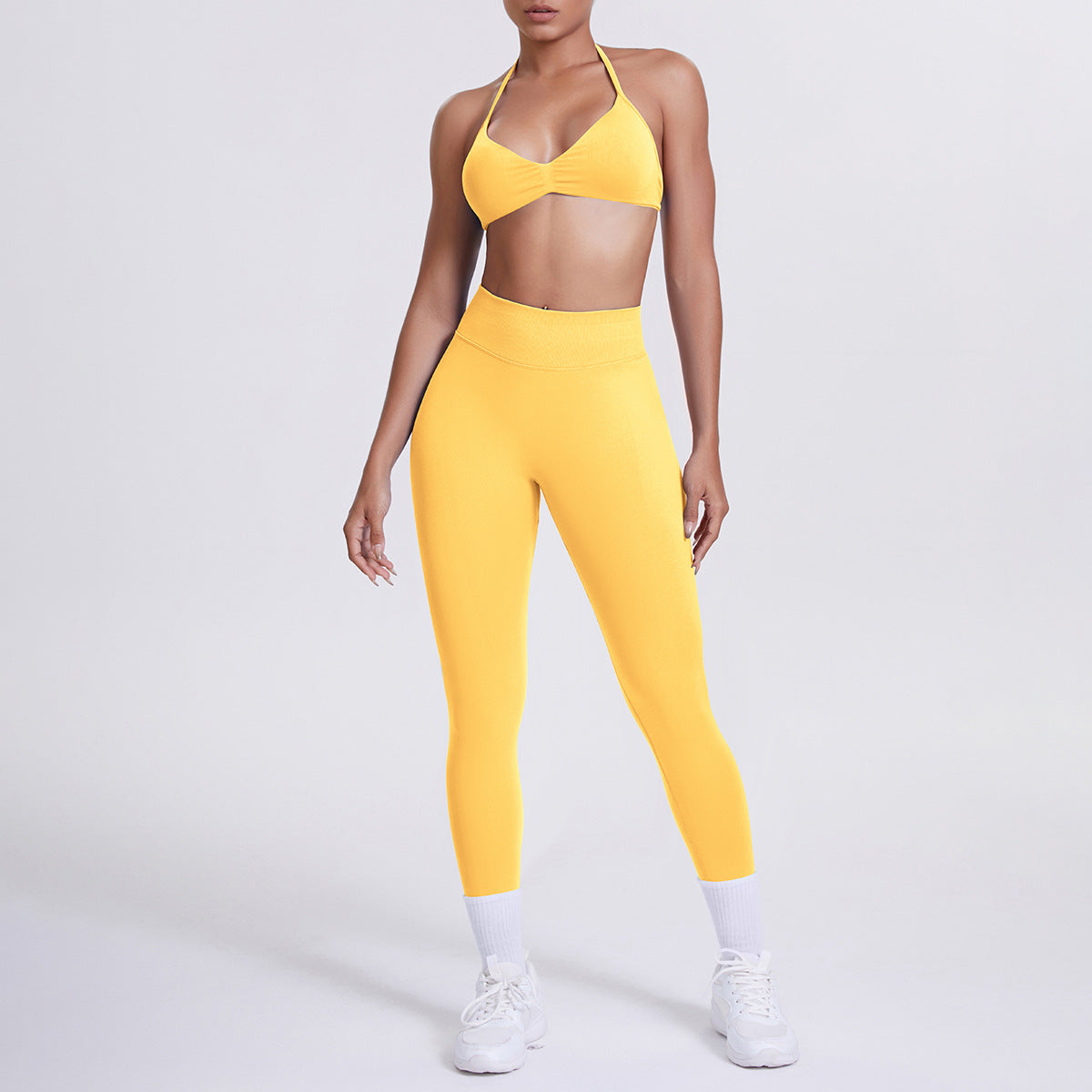 Spot solid color yoga clothes high waist peach hip sports trousers suspenders beautiful back neck bra fitness yoga set