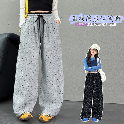 Girls' spring and autumn pants new style: korean style polka dot wide-leg pants for big girls, kids' casual straight-leg trousers