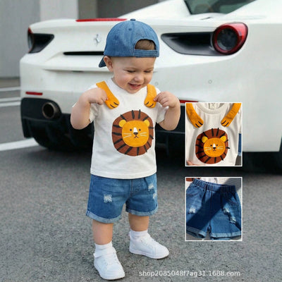 Kids' cute animal two-piece set: crew neck cartoon print short-sleeve tee & rolled hem distressed shorts