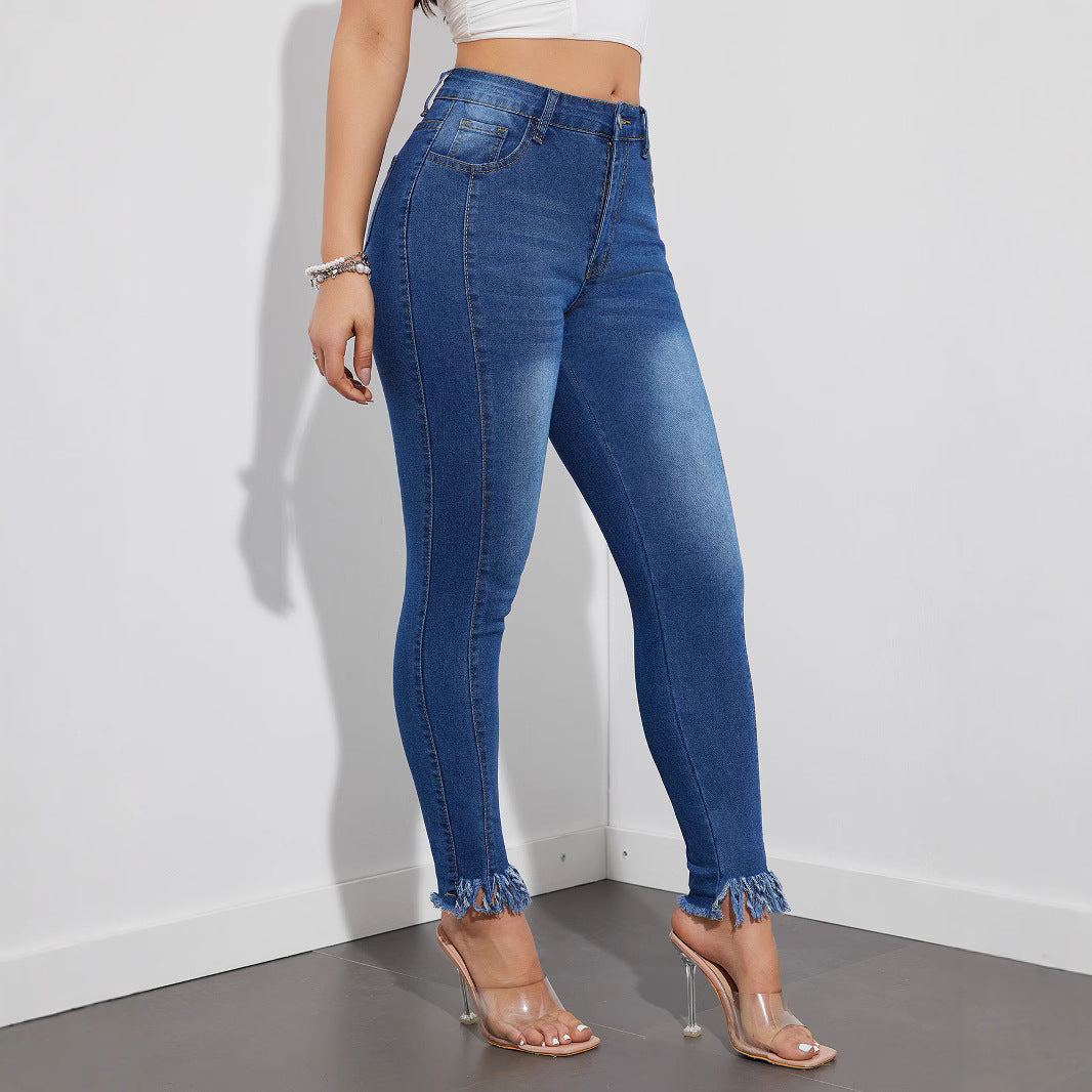 Spring 2025 new high-elastic thin jeans, elastic pants, pencil pants, high-waisted trousers, hip-wrapped and leg-long.