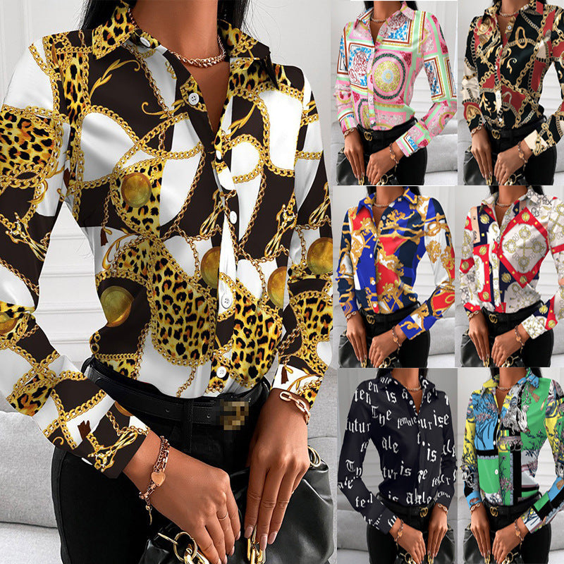 Spot 2022 European and American  women's clothing  spring and autumn shirts independent station  long-sleeved printed shirt