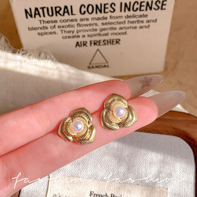 French chic floral pearl metal texture stud earrings - minimalist, unique, and versatile fashion earrings for women