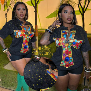 S391514 women's cross-border vintage washed black t-shirt oversized millennial style cross print rhinestone top