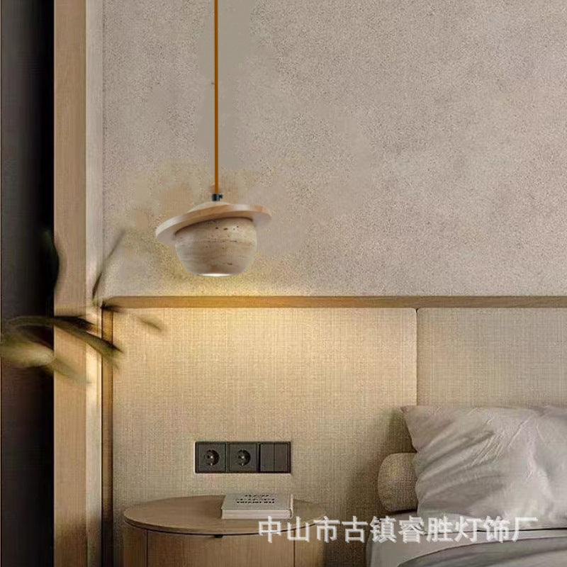 Yellow travertine bedroom bedside chandelier modern minimalist wabi wind Internet celebrity long line single head small hanging lamp bar Zhongshan