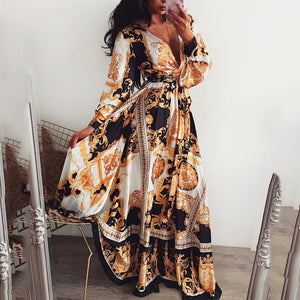2025 cross-border evening gown: european and american print dress, v-neck pullover, vintage long sleeve, flared hem, slit maxi dress