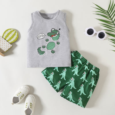 European and american style children's summer outfit: boys' dinosaur & letter print tank top and cartoon print shorts set - cross-border e-commerce
