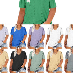 cross-border women's plus size v-neck court lock solid color short sleeve t-shirt loose top