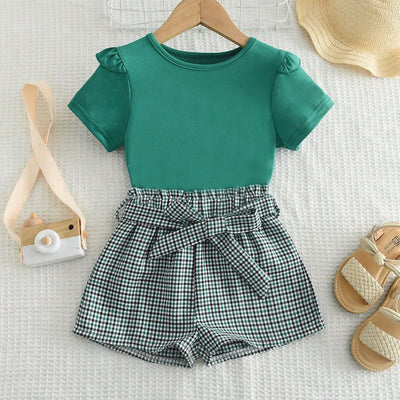 Inssummernew arrivalgirlsuit flying sleeve round neck short-sleeved t-shirt + plaid shorts cross-border pinduoduo two-piece set