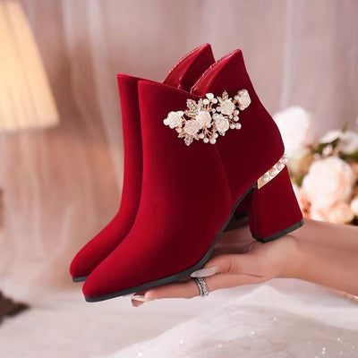 Wedding shoes bridal shoes winter fleece-lined thick heel 2024new arrivalwinter red high heels women's wedding boots not tiring feet