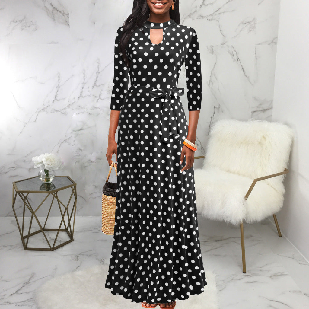 Spring and Autumn 2022 new European and American  independent station women's clothing V-neck waist large skirt polka dot printing dress women