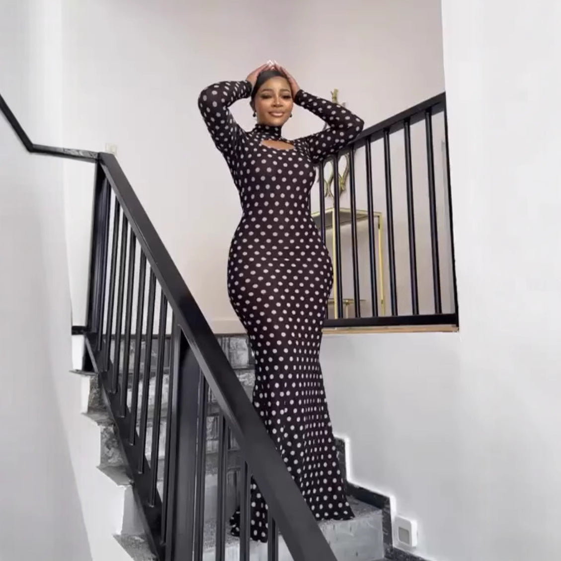 European and American new printed semi-turtleneck hollow sexy hip-wrapped long-sleeved dress polka dot long dress