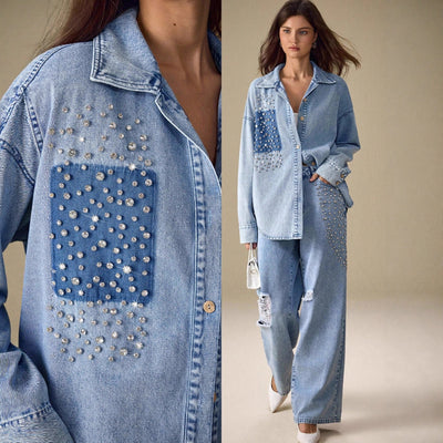 Pre-sale-16297#european and american foreign trade cross-border women's clothing accessible luxury diamond-encrusted casual washed loose denim shirt jacket