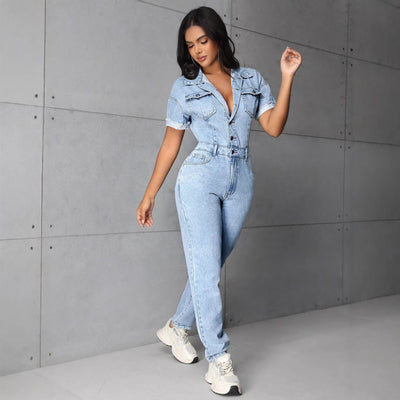 62-65329# us & europe women's fashion ins casual commute slimming fitted denim jumpsuit