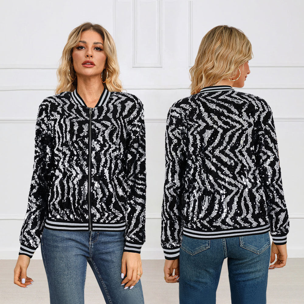 10391 Cross-border Europe, America,  autumn and winter women's clothing silver sequined long-sleeved baseball jersey