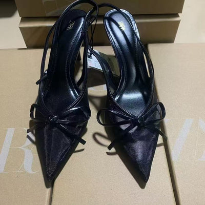 Za2025 summer socialite french style pointed-toe high heels - women's mesh bow-tie stiletto closed-toe sandals