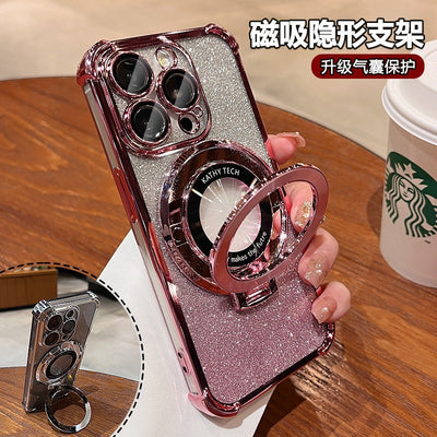 Suitable for iphone17pro electroplated four-corner lens film mobile phone case apple 15 glitter magnetic holder protective cover