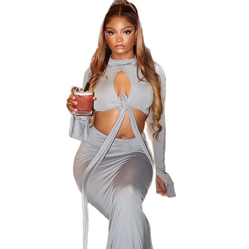 European and American  women's clothing fashion hollow straps solid color sexy pants set turtleneck top slim trousers two-piece set