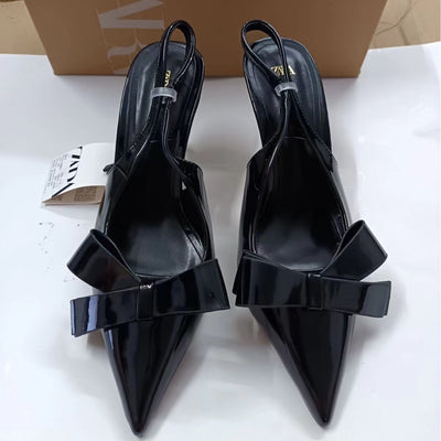 Za2024 summer new bowknot decorated back strap casual versatile pointed toe stiletto high heel sandals for women