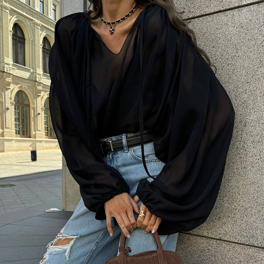 European and American black chiffon top women's clothing 2025 spring  commuting design sense pullover V-neck lantern sleeve shirt