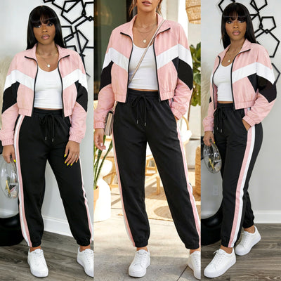 S391459 spring/summer new pink color block activewear set - striped track pants & jacket - casual & stylish two-piece outfit