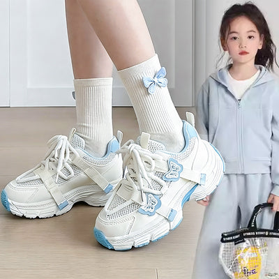 spring new butterfly embellished mesh kids' shoes, thick-soled non-slip children's chunky sneakers, girls' casual athletic shoes