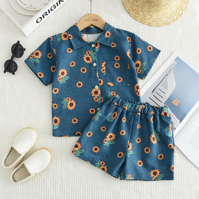Kids' summer outfit : korean style loose-fit denim-look set for boys and girls - printed short-sleeve top and shorts two-piece set