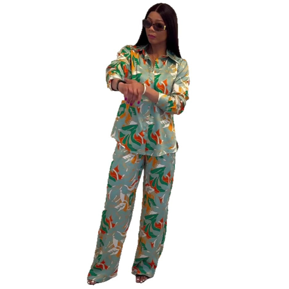 European and American fashion women's clothing lapel collar long-sleeved cardigan shirt trousers women's African temperament foreign style women's new two-piece set