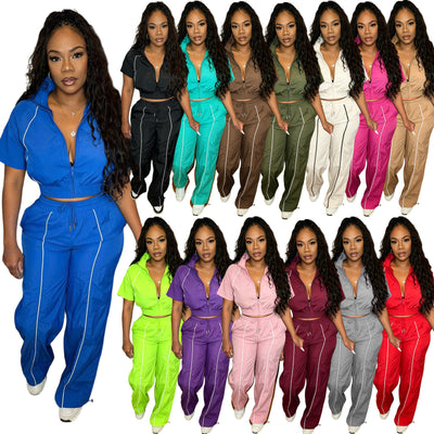 S391526 european and american fashion women's woven color block top and wide-leg elastic waist button sporty pants two-piece set