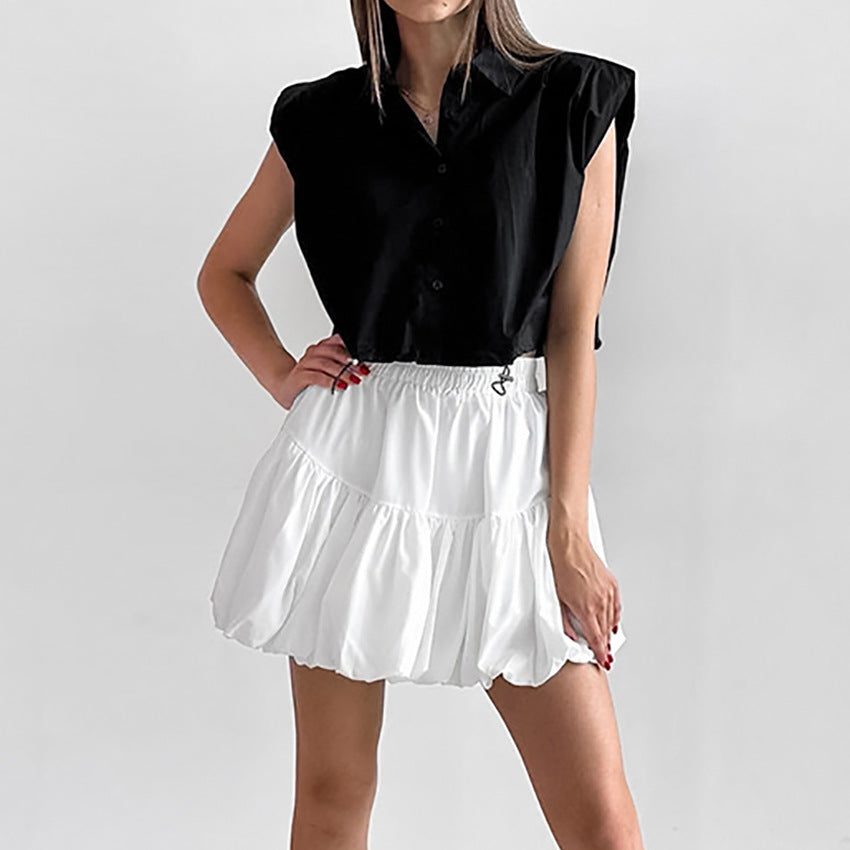 2024 summer white chiffon balloon skirt short skirt women's commuting high waist draped A-shaped skirt fluffy skirt European and American women's clothing