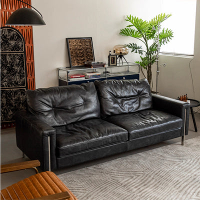 Retro style oil wax genuine leather bauhaus sofa casual designer straight row down medieval style small apartment leather sofa