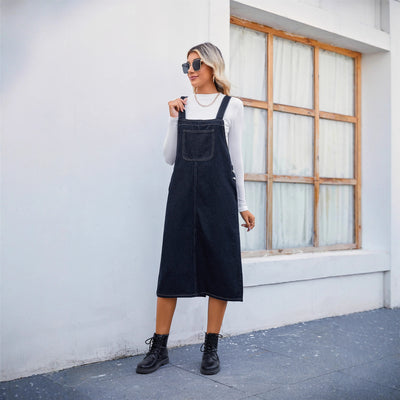 Us station fashion cross-border export new arrivalstylish denim strap dress mid-length skirt
