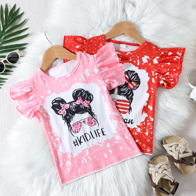 Insfashionbest sellingsummergirl independence day short sleeve t-shirt american flag letter printing flying sleeve tops