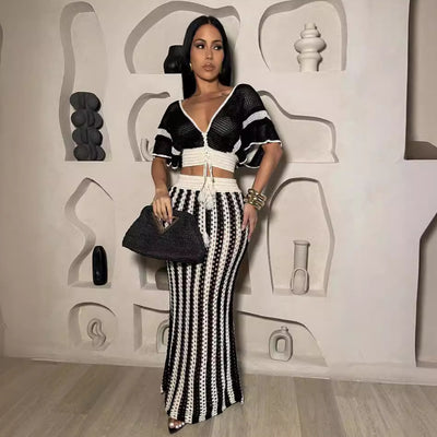 Amazon source goods: new summer european and american style women's sexy v-neck hollow-out striped knitted maxi dress set